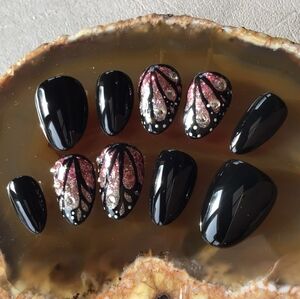 Pink Butterfly Almond Extra Short Custom Hand Painted Salon Press On Nails